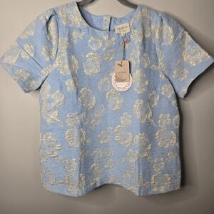 NWT Umgee Jacquard Blouse Top Womens S Small Floral Blue Fairy Metallic Feminine